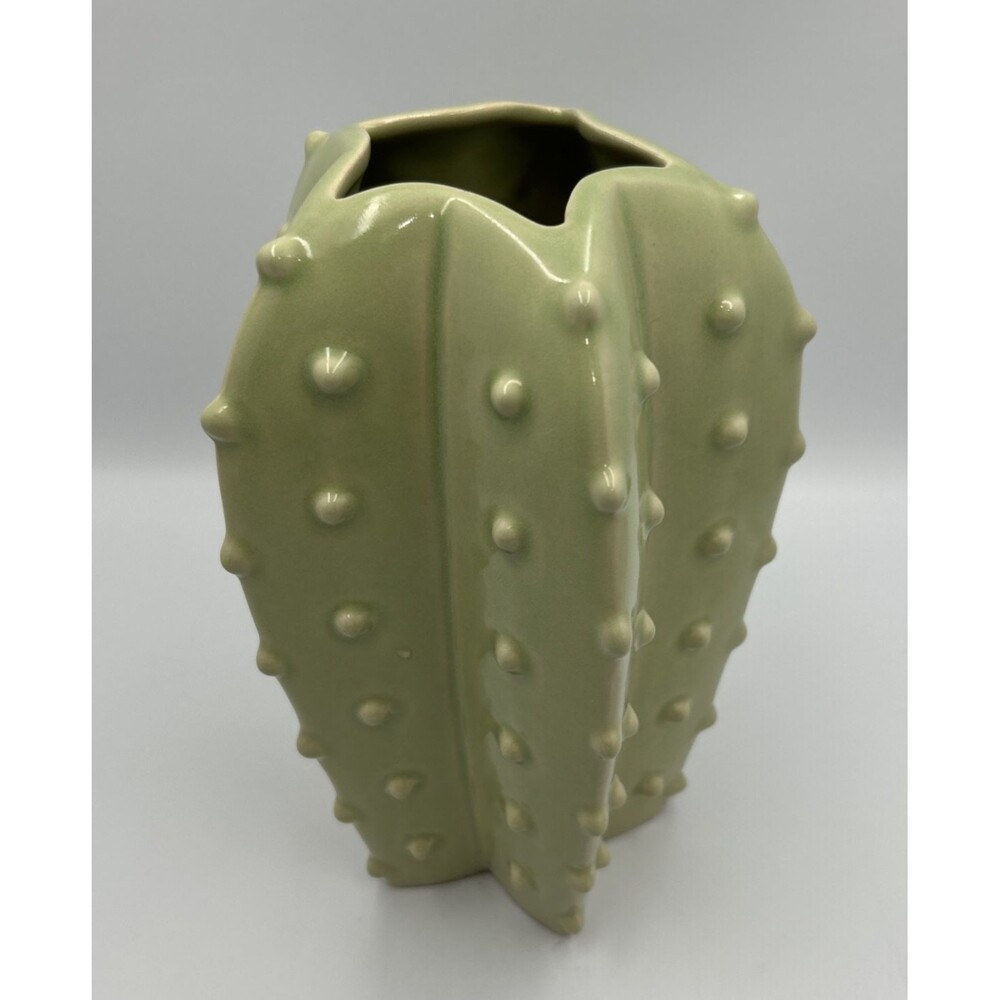 Ceramic Cactus Vase Sage Green Spiky Textured Boho Decor Glossy 9.4in Tall